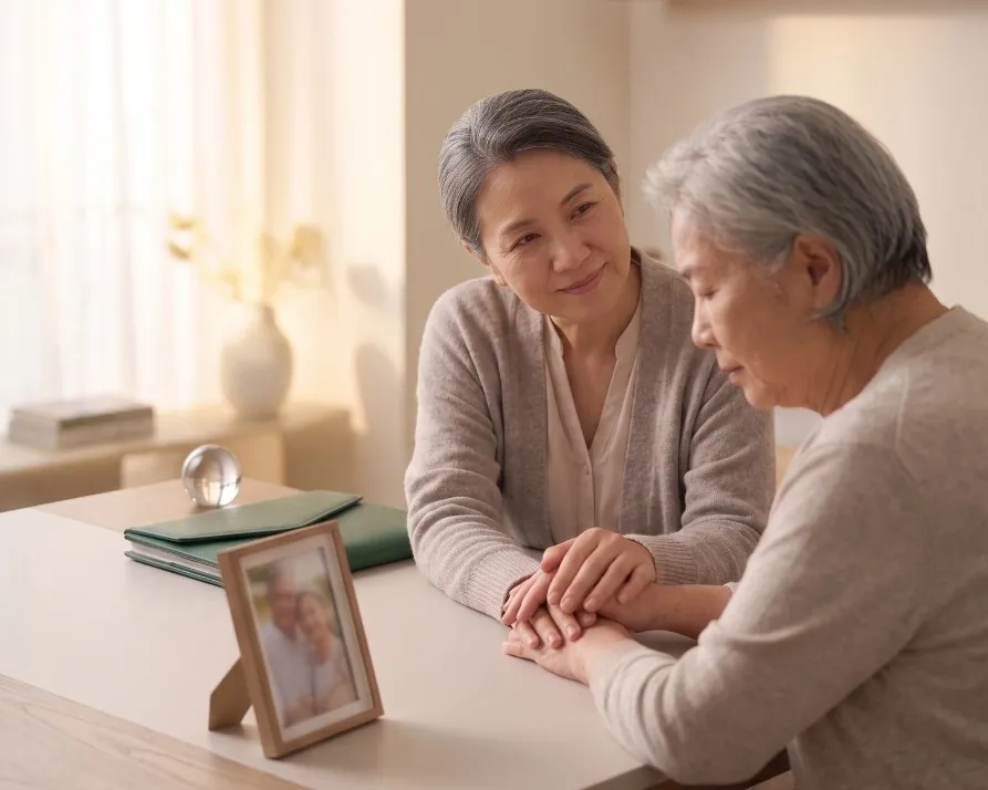 Two women at a dining table, hands held, a framed family photograph in front of them.