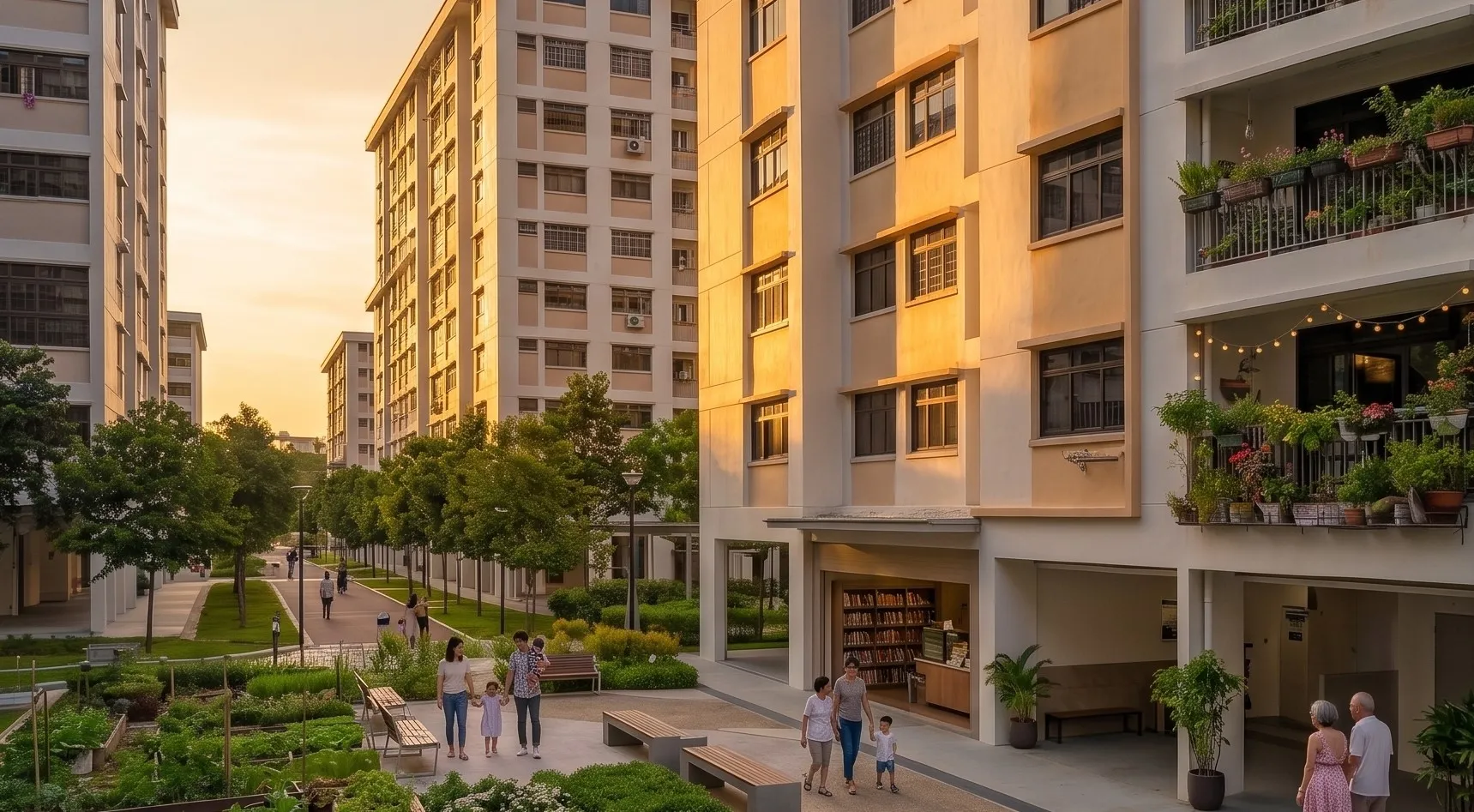 A Singapore HDB estate at golden hour, with residents walking through the void deck and garden.