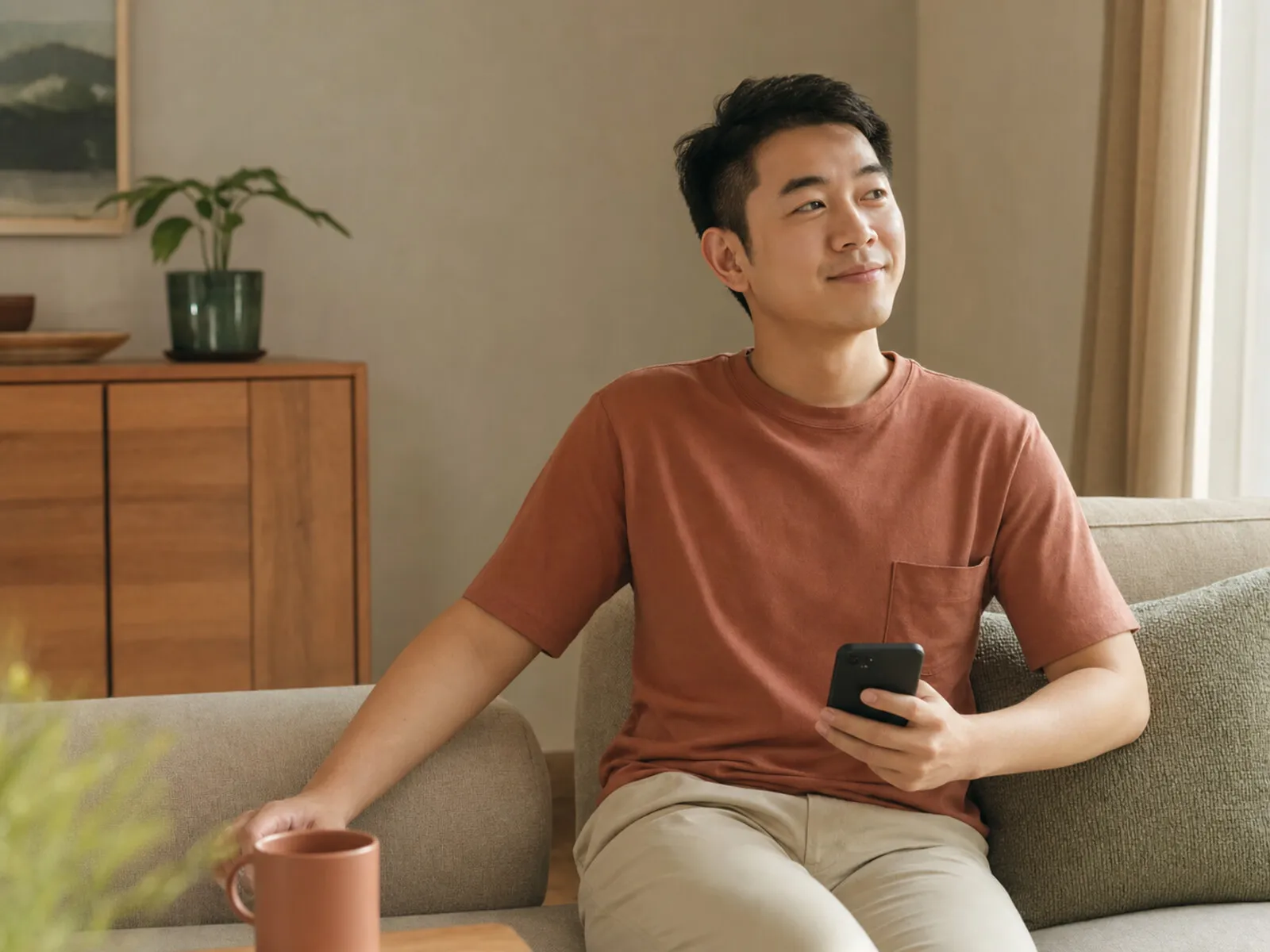 A relaxed person checking their phone at home in soft daylight.