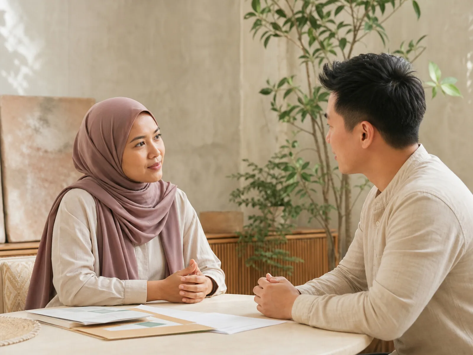 Two people in a calm conversation across a table in soft daylight.
