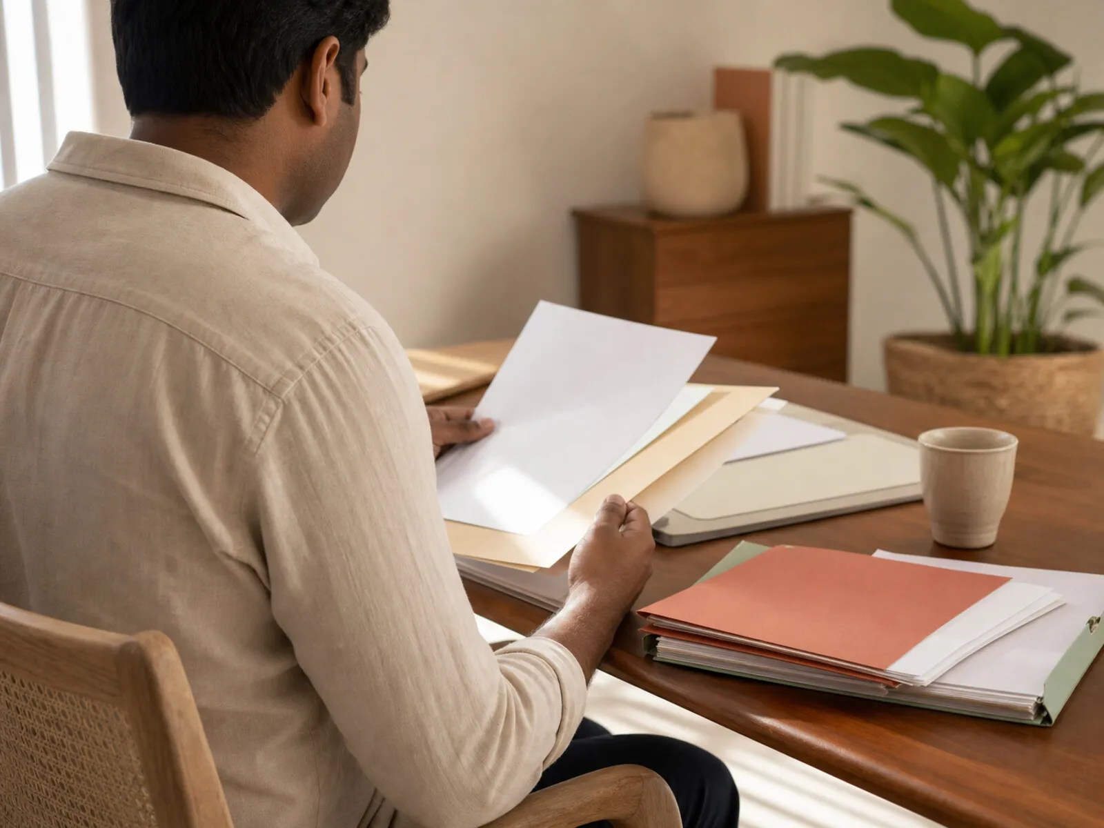 A person preparing filing paperwork at an orderly desk.